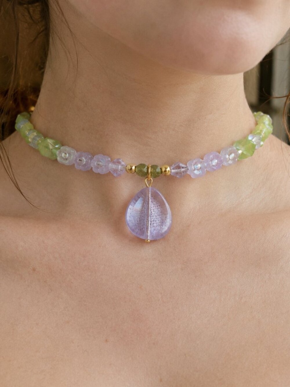 Floral Fairycore Lilac & Green Glass Beaded Choker, 24k Gold-Plated Steel Clasp